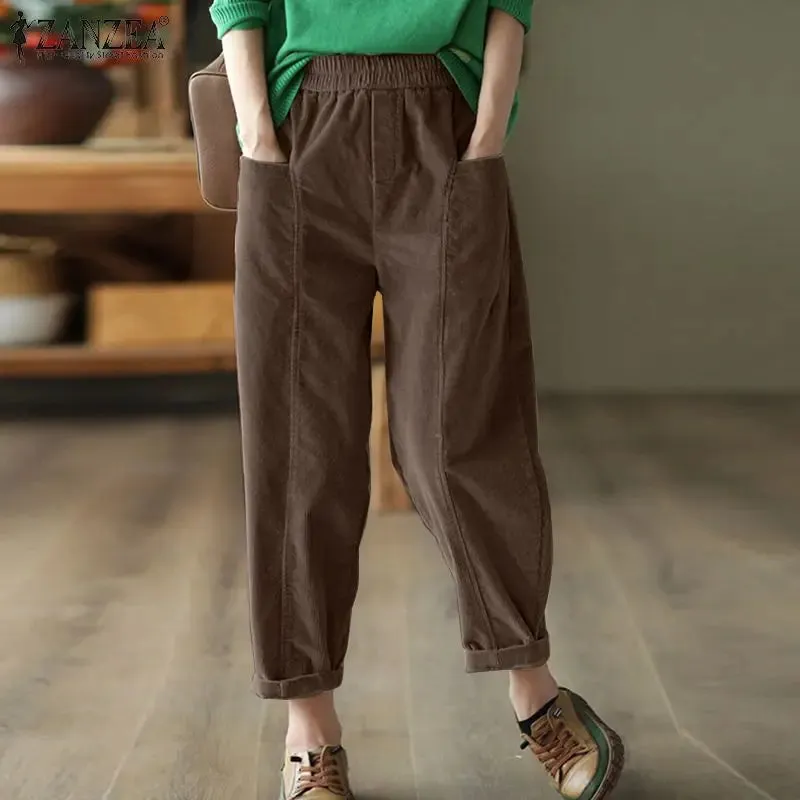 ZANZEA Women Loose Harem Trousers Long Pants 2024 Autumn Elastic Waist Pockets Pantalons Casual Fashion Solid Color Pants Femme