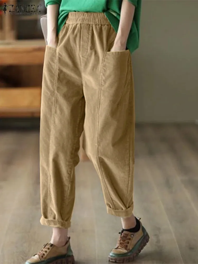 ZANZEA Women Loose Harem Trousers Long Pants 2024 Autumn Elastic Waist Pockets Pantalons Casual Fashion Solid Color Pants Femme