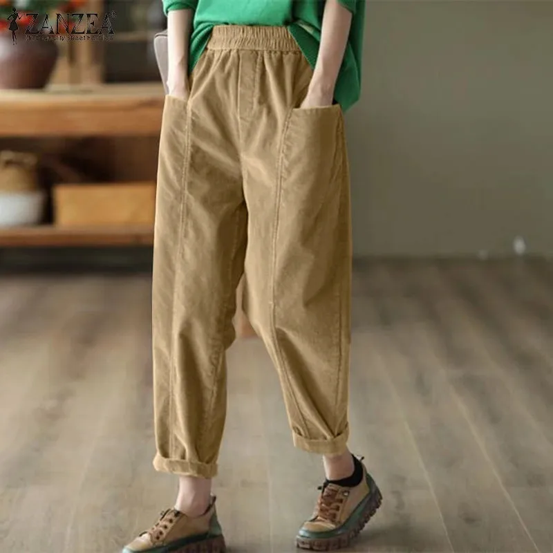 ZANZEA Women Loose Harem Trousers Long Pants 2024 Autumn Elastic Waist Pockets Pantalons Casual Fashion Solid Color Pants Femme